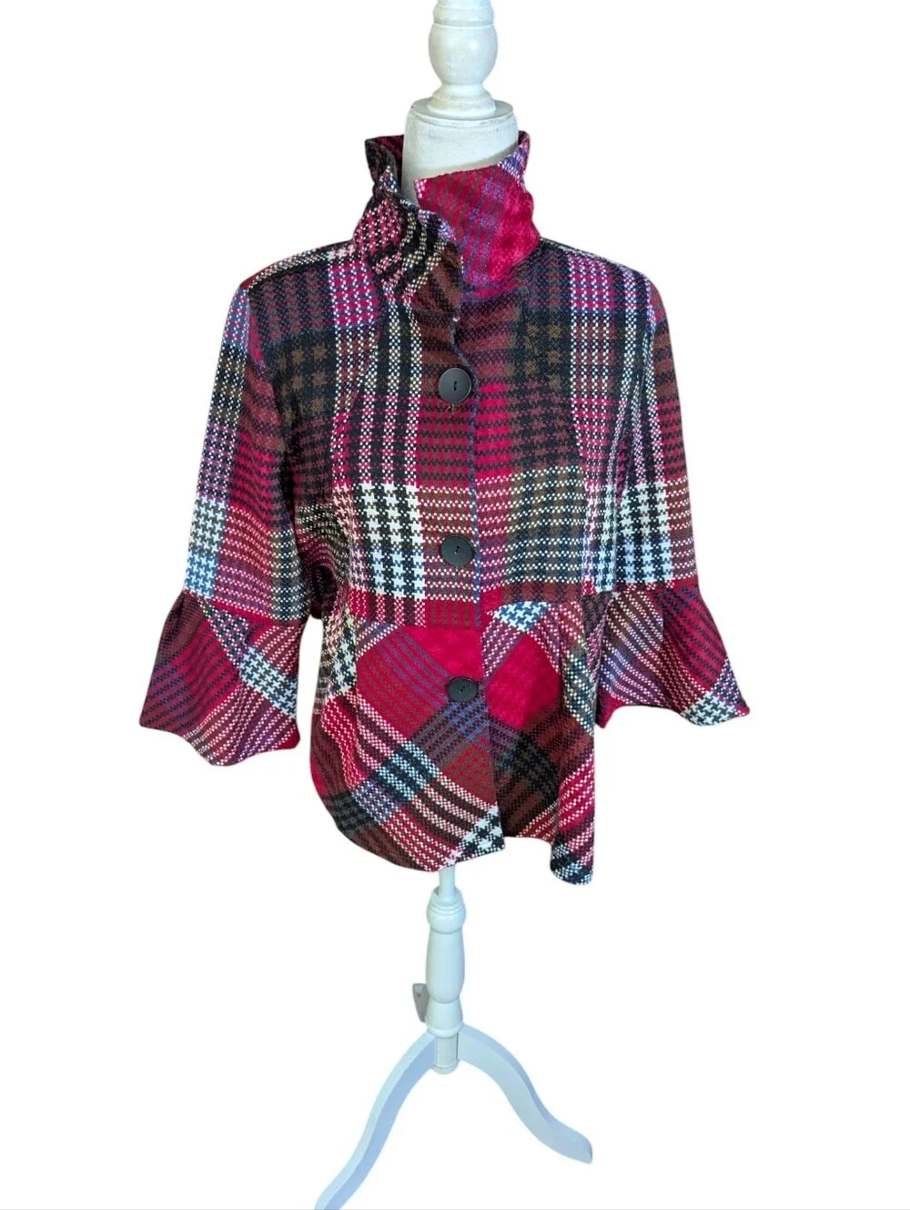 New Plaid Ruffle Bell Sleeves Button Front Jacket BlazerRed/Black NWT Sz S